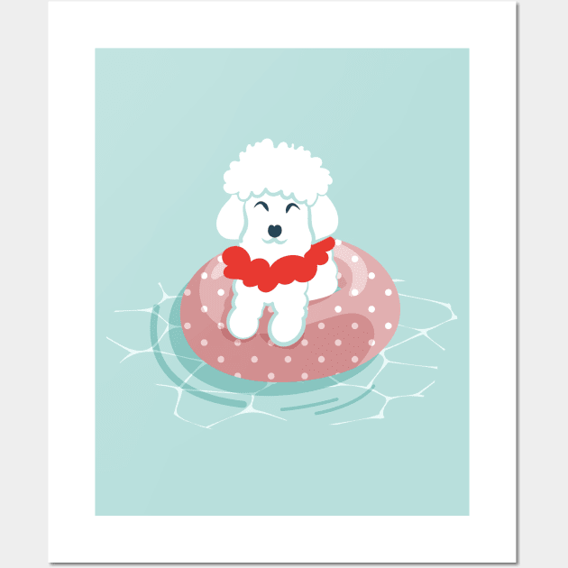 Summer pool pawty // aqua background poodle dog breed in vacation playing on swimming pool Wall Art by SelmaCardoso